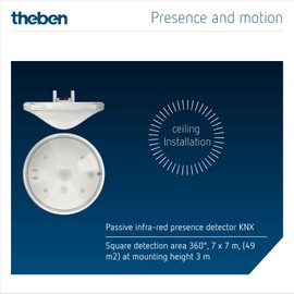 Theben 2079500 thePrema S360 KNX UP WH I Presence Detector Passive Infrared I PIR I Square Detection Range 360° I 2 Channels Light, 2 Channels Presence I HKL