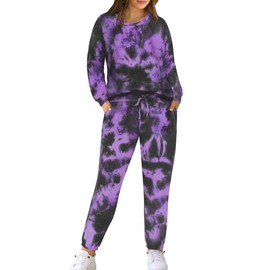 TIYOMI Plus Size 2 Piece Outfits Long Sleeved 5X Round Neck Tie Dye Lounge Workout Biker Travel Loungewear Sets Pajamas Tracksuit Autumn Winter Pj Purple 5XL