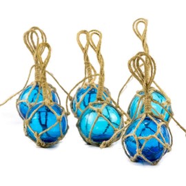Glass Fishing Floats | Aqua Japanese Glass Floats 2" | Nautical Rope Ball | Set of 6 | Nautical Themed Wall Decor | Beach House Decor | Glass Buoys for Decoration and Ocean Room Decor