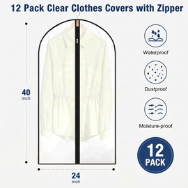 12 Pack Garment Bag with Zipper, 24 x 40inch Clear Garment Bags for Hanging Clothes, HKKZYT Durable PEVA Suit Storage Covers for Closet and Travel