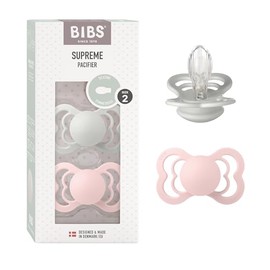 BIBS Supreme - Pack de 2 chupetes sin bisfenol A, silicona simétrica, fabricado en Dinamarca, 6-18 meses (paquete de 2), color beige