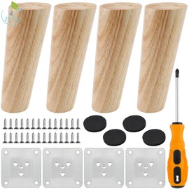 ELICNA Pack of 4 Furniture Feet, Wooden Table Legs, 12 cm, Round Furniture Legs, Cabinet Feet, Sofa Feet with 4 x Mounting Plates and 28 x Screws, 1 x Screwdriver, 4 x Rubber Pads for Bed, Tables,