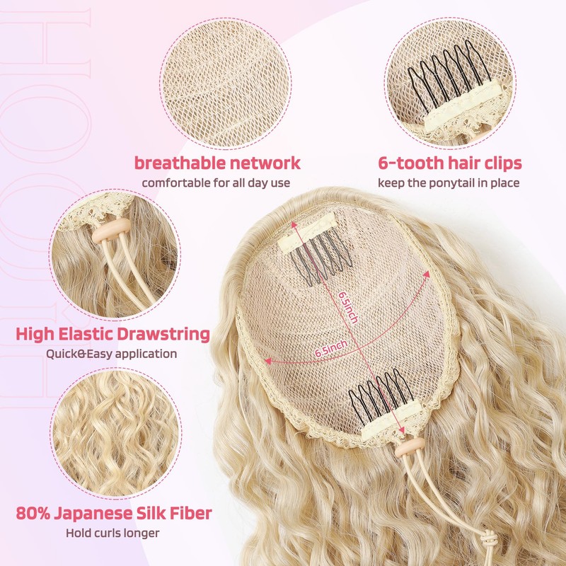 HOOJIH Ponytail Extension, Curly Wavy Drawstring Ponytail Hair Extensions Extra