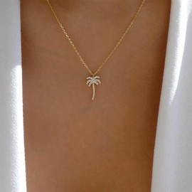 Cybche Vintage Crystal Palm Tree Pendant Necklace Rhinestone Palm Tree Choker Necklace Palm Tree Pendant Coconut Tree Necklace Gold Tropical Tree Necklace Jewellery for Women, Zinc, No Gemstone