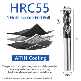 AYCHOLIZ 3/16" Carbide End Mill Bits Set for Alloy & Hardened Steels - Hrc55 Micro Grain, 4-Flute Milling Cutter with AlTiN Coating, CNC Router Bits, High-Performance Milling Bits