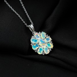 GEMKORA Real Ethiopian Opal Crystal Pendant Necklace, Natural Gemstone, Birthstone Crystal, Healing Stone, Gift for Women Mom Her, Statement Jewellery, 925 Sterling Silver 18 inch