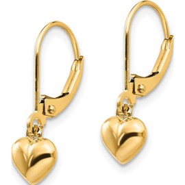 14K Yellow Gold Madi K Puffed Polished Heart Drop Leverback Earrings (21 X 6) Made In United States se945