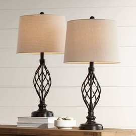 Franklin Iron Works Annie Traditional Rustic Farmhouse Table Lamps 28" Tall Full Size Set of 2 Bronze Iron Scroll Tapered Cream Drum Shade for Living Room Bedroom House Bedside Nightstand Home