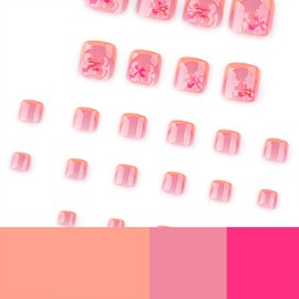 Tyuimhx Orange French Tip Press on Toenails Square Fake Toe Nail 3D Flowers False Toenails Acrylic Glue on Toe Nail Glossy Floral Artificial Stick on Toe Nail for Women 24 Pcs