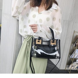 Cooba 2Pcs Handbags Purse for Women Clear Bag PVC Leather Satchel Crossbody Bag Transparent Jelly Bag Beach Shoulder Bag, Black, One Size