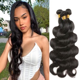 Body Wave Bundles Color 1B Body Weave Human Hair Bundles Double Weft Brazilian Remy Hair Weave Extensions Wet and Wavy Bundles Soft and Silky for Black Women (22 24 26 inch,3 Bundles)