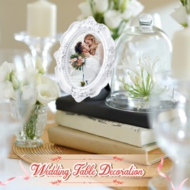 Maitys 5 Pcs Mini Picture Vintage Frames Tiny Antique Photo Baroque Ornate Resin Oval Frame Table Top Display Home Wedding Decor (White)