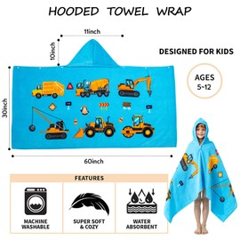 100% Cotton Hooded Towel for Toddlers 5-12 Years Boys Girls 60"x30" Extra Large Wearable Wrap Kids Bath Pool Beach Towel Soft Absorbent Beach Poncho(Construction Site XL)