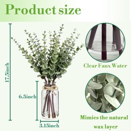 Artificial Eucalyptus Stems in Glass Vase with Faux Water, 17.5" Sage Green