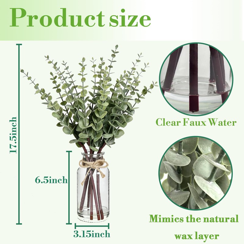 Artificial Eucalyptus Stems in Glass Vase with Faux Water, 17.5"