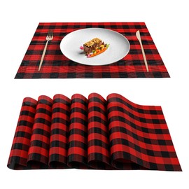 Buffalo Check Placemats Indoor Set of 6 Wipeable Black and Red Plaid placemat Vinyl Woven Table Mats Patio Placemats Non Slip Heat Resistant Washable Easy to Storage for Dining Table