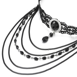 Gothic Victorian Nostalgic Black Lace Choker Necklace with Long Dangling Teardrop Beads and Chains(CA)