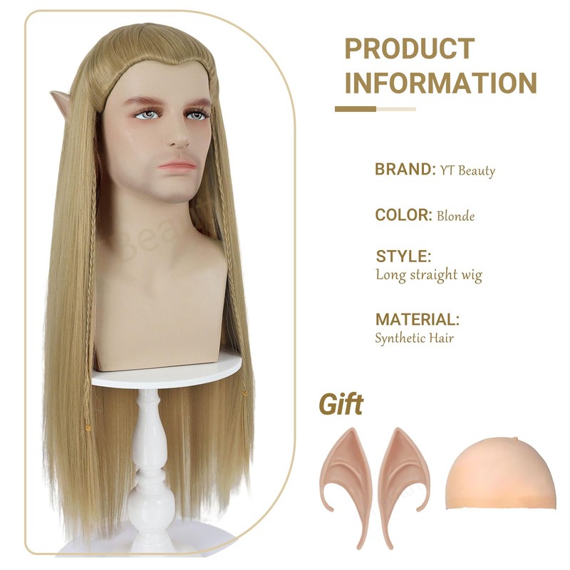 Long Blonde Straight Wig with Elf Ears for Men Costume