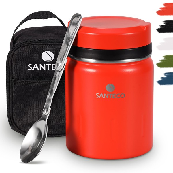 SANTECO Vacuum Insulated Soup Jar, 16.9 fl oz (500 ml), Wide Mouth, Insulated Lunch Jar, Lunch Box, Spoon Included, Dedicated Bag, Stylish, Unisex, Picnic, Club Activities, Red