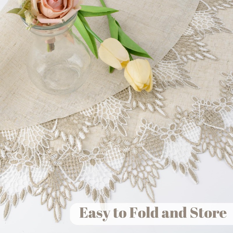 URROMA Linen Round Beige Table Cover with Lace Trim,Table Decor