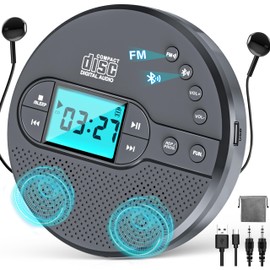 2000mAh Rechargeable Discman CD Player:Portable CD Player with Bluetooth FM Transmitter,Headphones,LCD Screen,AUX,Built-in Speaker,USB-Portable Personal CD Player Anti-Skip Protection for Car