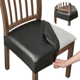 FUANGUI Dining Chair Covers Set of 2, Waterproof PU Leather Stretch Chair Seat Slipcovers Soft Removable Washable Chair Covers Protector, Kitchen Chair Seat Covers Protectors Dining Room, PU-Black