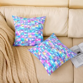 Erosebridal Set of 2 Rainbow Checkered Throw Pillow Covers 16x16 Inch 3D Glowing Cushion Covers for Kids Girls Boys Fluid Grunge Glitter Blue Purple Cushion Cases Soft Decorative Pillowcases