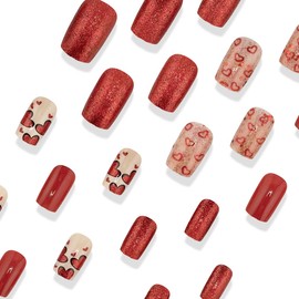 Glitter Heart Press on Nails Short Square Valentine's Day fashion Flash Wine Red Chrome Red Heart Design Red Glossy Sparkly Manicure Art Cute Press ons Fake Nails Stick on Nails for Women Girls 24Pcs