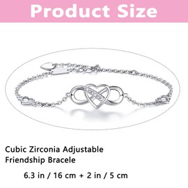 QttvbTna Infinity Silver Bracelet for Women, Cubic Zirconia Adjustable Friendship Sparkle Bling Silver With Zircon Crystal Rhinestone Love Heart Bracelet for Ladies Gifts