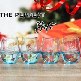Turtle Stemless Wine Glasses Set of 4 - Christmas Day Gifts Beach Sea Turtle Assortment Red Wine Glasses, Clear No Stem Drinking Glasses 19 oz Ocean Lovers Gift Box for Turtle Lovers Birthday Party