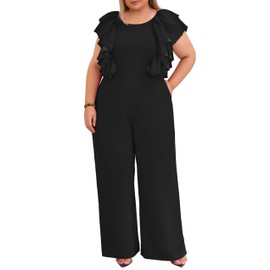 VERWIN Plus Size Ruffle Women's Jumpsuit Plain Full Length Romper Sleeveless Patchwork Overlay Jumpsuit with Pockets 5XL Black