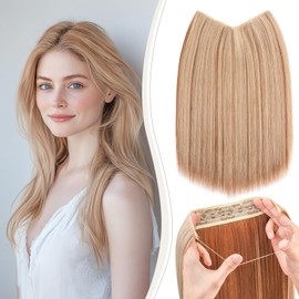 Benehair Invisible Wire Hair Extensions 20 Inch Transparent Wire Adjustable Size Clip in Hair Extension Long Wavy Secret Synthetic Hair Piece for Women(Brown with Blonde, 130g)