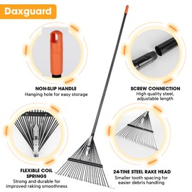 Daxguard 46 HRC Steel Gardening Leaf Rake, 24 Tines 23.2" Wide,Adjustable Split Long Handle 33-67",Suitable for Raking Leaves and Lawn Tidying,Garden rake and thatch rake Suitable for Adults