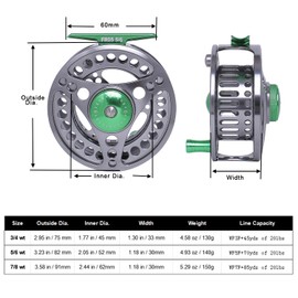 Kylebooker Fly Fishing Reel Large Arbor CNC-machined Aluminum Alloy Body Fly Reel（Silver with Green,3/4wt）