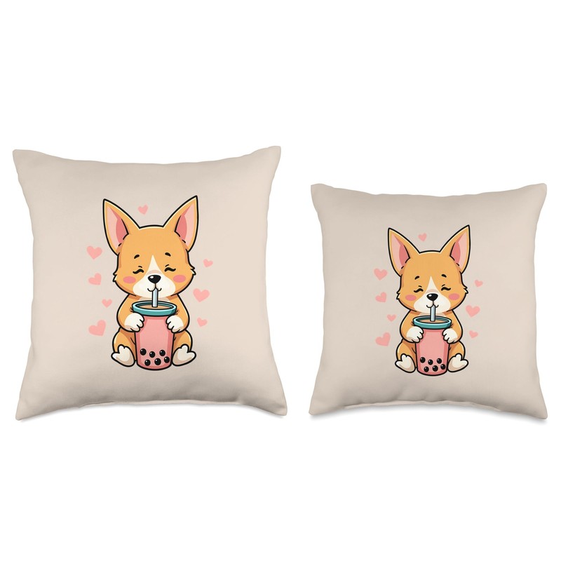 Cute Corgi Drinking Boba Kawaii Dog Lover Throw Pillow