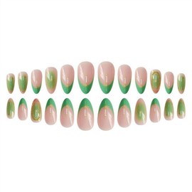Green French Tip Press on Nails Short Almond Shaped Fake Nails with Golden Stripe Designs Gradient False Nails Full Cover Acrylic Nails Stick on Nails for Women Nails Manicure Decoration 24 Pcs