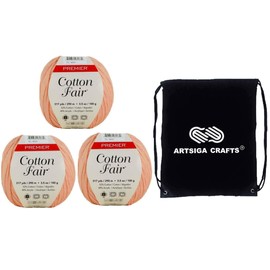 Premier Yarns Cotton Fair Solid Coral 27-24 (3-Skeins - Same Dye Lot) DK Light Worsted #3 Acrylic, Cotton Yarn for Crocheting and Knitting - Bundle with 1 Artsiga Crafts Project Bag