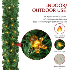 MISS FANTASY Christmas Garland with Lights, 9FT Prelit Artificial Pine Garland with 50 Warm LED Lights for Christmas Decorations, Mantle Staircase Indoor and Outdoor (Gingerbread Man)