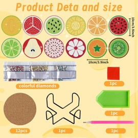 Oaygat 12 Pcs Diamond Art Coasters Diamond Painting Coasters Kit with Holder Fruit Drinks Coaster with Cork Colorful DIY Cup Coaster Round Full Drill Diamonds Art Kit Craft for Adults Kids,Beginners