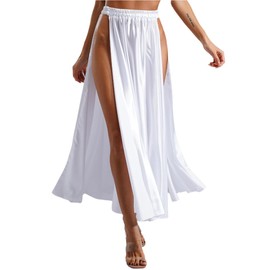Belly Dance Wrap Skirt with Double Slits & Flowy Hem - Satin Stage Performance Long Skirt for Women with Slip Shorts (US, Alpha, One Size, Regular, Long, White)