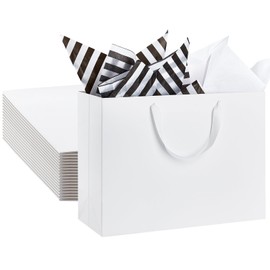 Ohuimrt 12 PCS White Gift Bags with Tissue Papers, 16" Extra Large Kraft Paper Gift Bags with Ribbon Handles for Shopping Birthday Retail Merchandise Business, 16 x 6 x 12 Inches