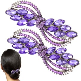 HINZIC 2PCS Purple Rhinestone Hair Barrettes, Sparkly Crystal Hair Clips Bridal Decorative Wedding Prom Valentines Accessories for Women Thick Long Hair