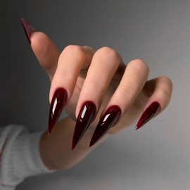 Long Press on Nails Stiletto MABKJLF Red Fake Nails Solid Colour False Nails Wine Red Full Cover Glossy Stick on Nails Glue on Nails for Women Girls 24Pcs