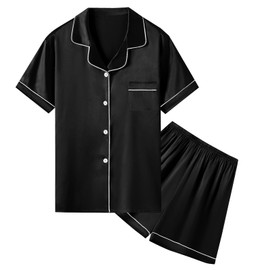 Umeyda Kids Pajamas Set, Satin Soft Silk Like Button Front Shirt Tops + Pull On Shorts Loungewear 2 Pcs Sleepwear Pjs Set for Gitls, Dark Black, 3-4 Years = Tag 110