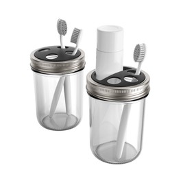 Jarware Black Toothbrush and Toothpaste Holder Lids for Wide Mouth Mason Jars, Set of 2 Nylon Lids