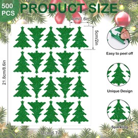 Whaline 500Pcs Christmas Tree Stickers Glitter Paper Envelope Seal Decals Green Xmas Self-Adhesive Labels for Winter Holiday Invitation Greeting Card Scrapbook, 2 x 1.6 in