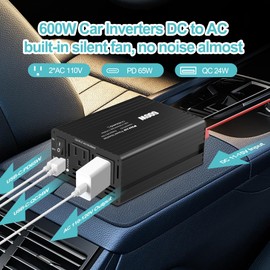 600W Power Inverter for Vehicles 12v to 110v-120v, Dual DC to AC Car Inverters Converter Car Adapter for Wall Plug Outlet with USB C 65w/24W Fast Charge for Laptop Road Trip/Long Drive/Camping