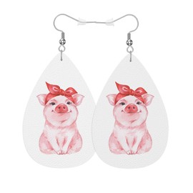 Vosach Pink Pig Teardrop Earrings For Women Friends Funny Pig Pet Piggy Wearing Bandana Dangle Earrings Water Drop Earrings Leather Earrings