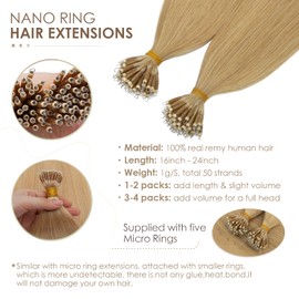 Silk-co Nano Ring Hair Extensions Human Hair 1g/s 50g/pack 100% Real Brazilian Natural Human Hair Nano Tip Extensions [18” #24 Natural Blonde]