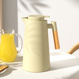 Thermos Flask, Insulated Jug, Coffee Carafe for Hot and Cold Tea, Coffee, with Simple Safety Button, Wooden Handle, Non-Slip Base, Thermos Flask for Home Office, Hotel (Light Green, 1L)